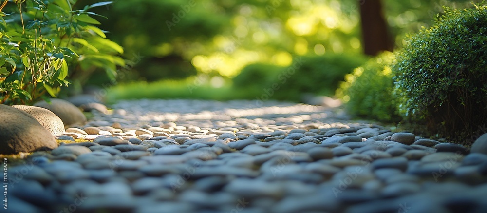 Poster sunlit stone path in a tranquil garden.