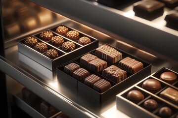 A luxurious product display of gourmet chocolates, arranged neatly in elegant boxes on polished...