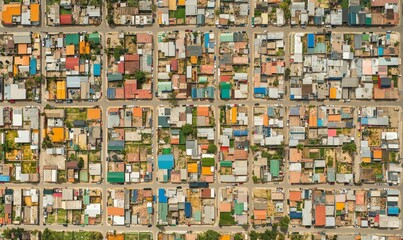 Aerial view of densely packed colorful houses.