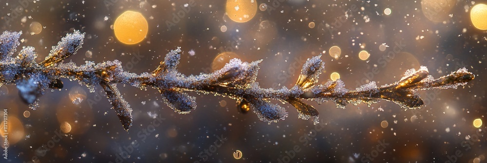 Poster frosty branch with bokeh background.