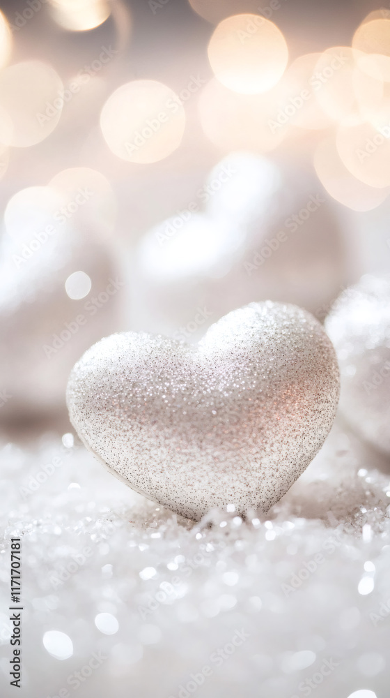 Poster silver heart lying on sparkling white surface, surrounded by luminous bokeh, capturing romantic vale