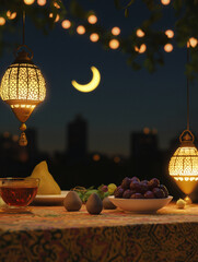 Ramadan Background image with Iftar items and lanterns 