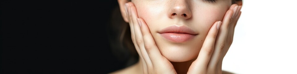 Obraz premium Beautiful woman, flawless skin, natural makeup, brown eyes, arched eyebrows, full lips, hand on cheek, soft lighting, beauty portrait, high-end fashion, cosmetics advertisement, professional photograp