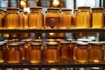 A luxurious product display of gourmet honey jars, neatly arranged on sleek metal shelves, with ambient lighting enhancing the rich golden tones.