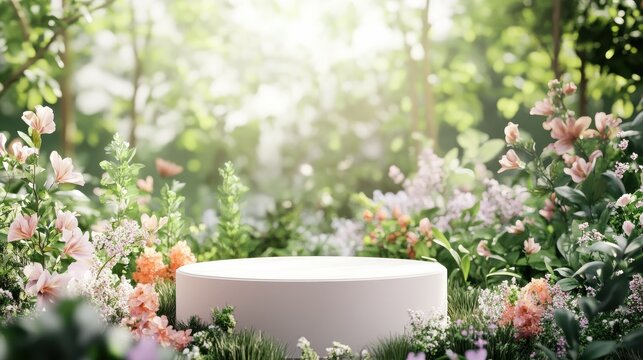 Product podium for product presentation and display with garden summer and spring flowers, floral summer background podium for cosmetic, with nature in the background. Generating AI