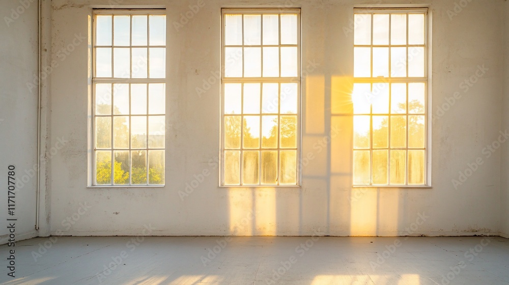 Aufkleber sunbeams stream through three large windows in an empty, white room. the floor is bare concrete, and
