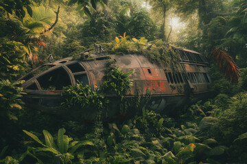 Fototapeta premium Crashed Spaceship in Jungle with Monkeys and Vegetation