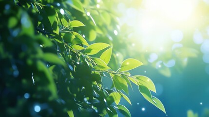 Blurred bokeh background of fresh green spring, summer foliage of tree leaves with blue sky and sun flare