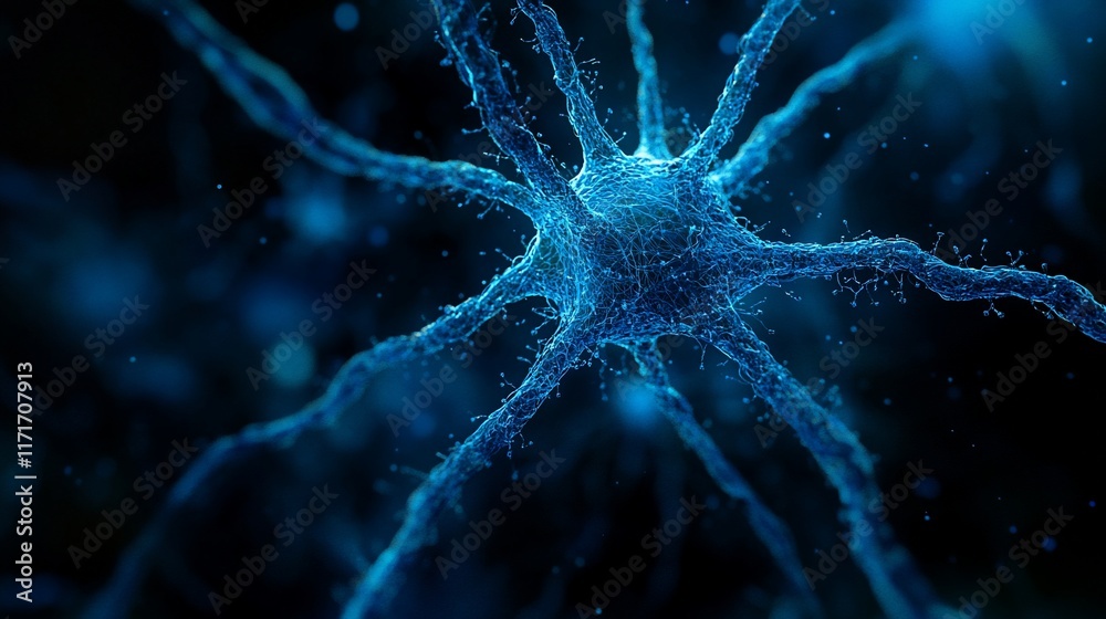 Poster Microscopic view of a neuron cell, intricate network of dendrites and axons.
