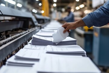 Worker sorting papers in an industrial setting