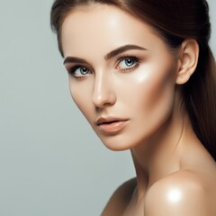 Fototapeta premium Elegant woman portrait, blonde hair, dramatic lighting, black plunging neckline blazer, flawless makeup, studio backdrop, high fashion, sleek styling, piercing gaze, professional headshot, cinematic l