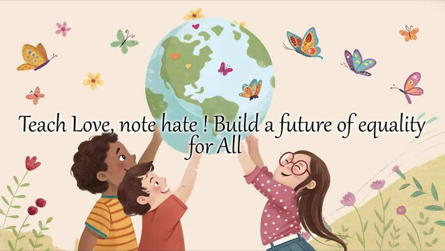 children holding up a globe, illustration for Greeting card Zero Discrimination day