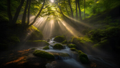 Obraz premium Sunbeams illuminate a serene forest stream, moss-covered rocks, and lush green foliage, creating a magical, mystical atmosphere.
