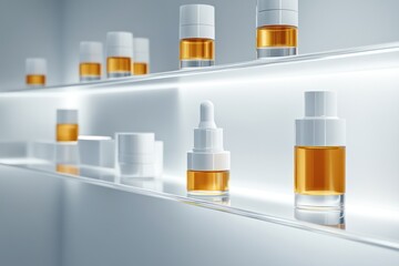 A minimalist product display of luxury skincare serums, neatly arranged on transparent shelves, with soft lighting accentuating their elegant, pure design.