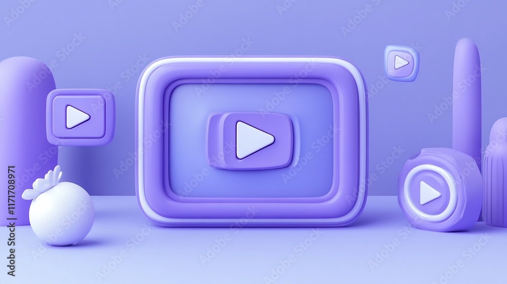 Poster 3D render of purple play buttons and abstract shapes on a purple background.