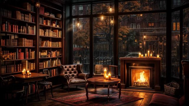 Cafe library with fireplace in the rain