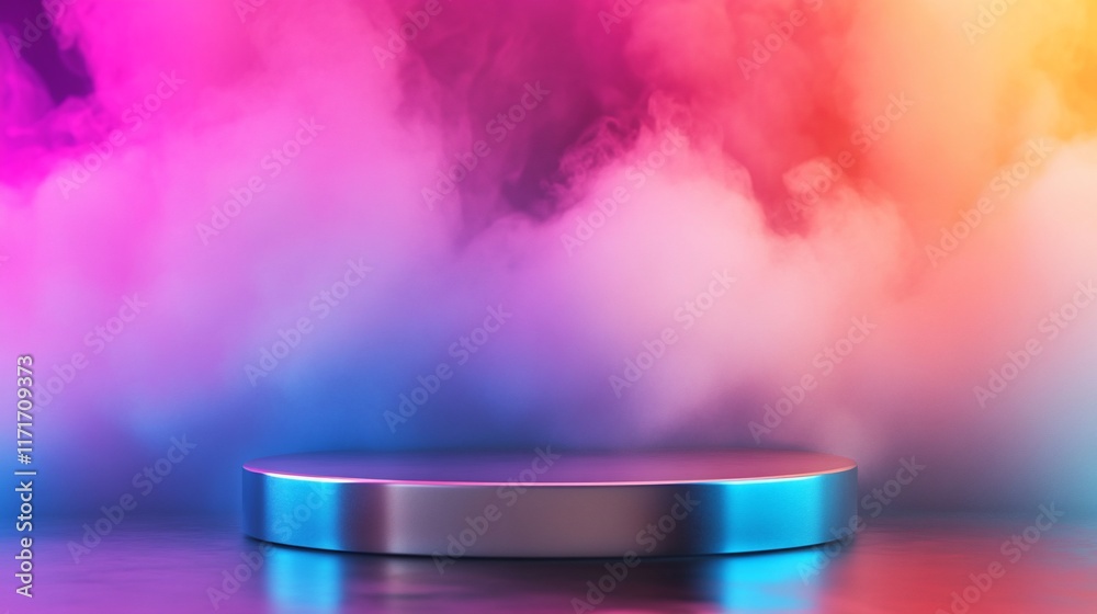 Poster neon-lit metallic platform on reflective surface with colorful smoky background.