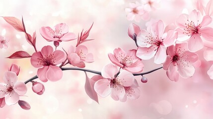 Spring floral in watercolor vector background. Botanical wallpaper design with pink flowers, line art, leaves. Abstract blossom flowers illustration suitable for fabric, prints, cover, decorative.