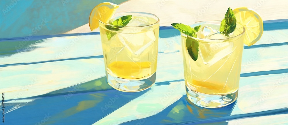 Poster two refreshing lemonade drinks with lemon and mint on a sunny summer day.