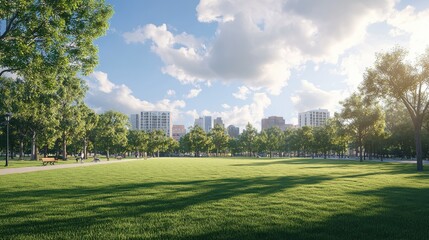 Scenic view of the park with green grass field in city and a cloudy blue sky background Beautiful green park : Generative AI