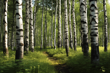 Obraz premium Serene forest features tall birch trees with white bark and green leaves. Narrow path winds through undergrowth, inviting exploration in peaceful setting.