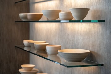 A modern, high-end product display of artisanal handmade pottery, neatly arranged on minimalist glass shelves, with ambient lighting highlighting the smooth textures and colors.