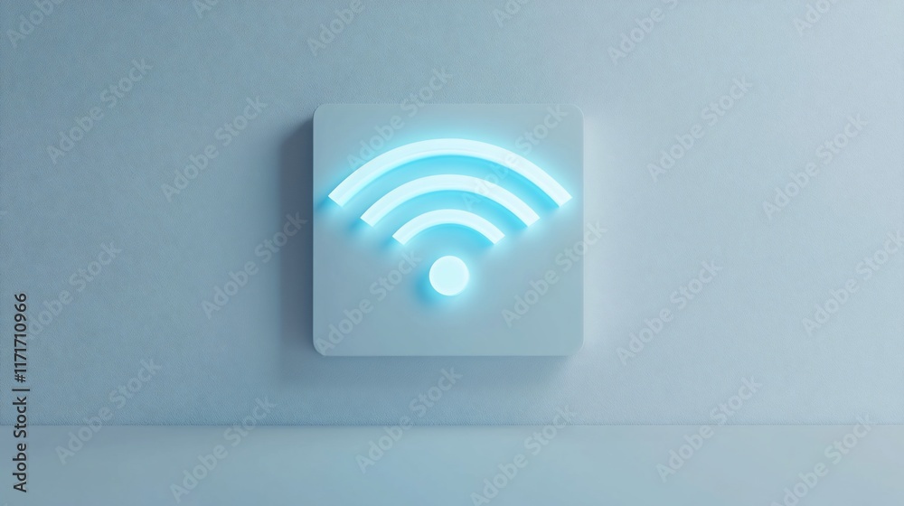 Poster Glowing neon wifi symbol on a white square background.