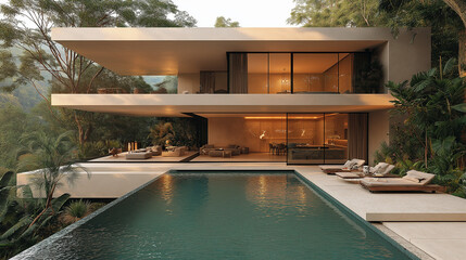 Fototapeta premium Modern Oasis: A contemporary home nestled amidst lush greenery, featuring a sleek pool and expansive patio, offering a serene escape from the everyday. 