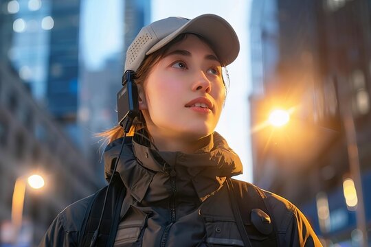 Young Security Guard Communicating with Walkie-talkie Radio