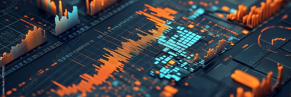 Poster Abstract 3D data visualization with orange and blue graphs.