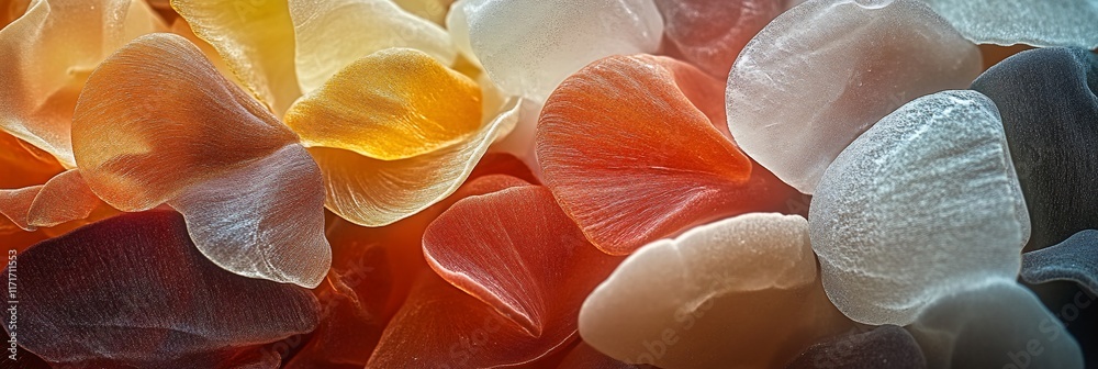 Poster close-up of translucent, multicolored petals with warm and cool tones.