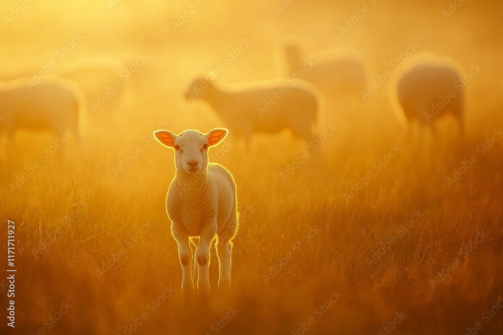 Poster a single lamb stands in a sunlit field, other sheep are visible in the soft-focus background.