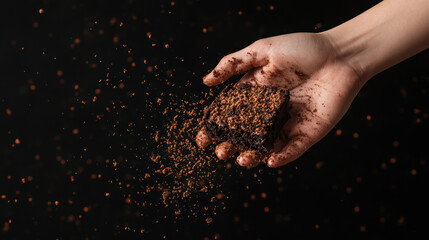 hand holding brownie cookie with crumbs, creating deliciously messy scene. dark background enhances rich texture and color of brownie, evoking sense of indulgence and delight