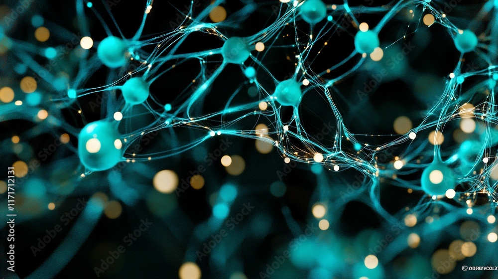 Poster Abstract neural network, glowing nodes and connections.
