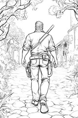 A male adventurer walking along a cobblestone path, armed and ready for exploration.
