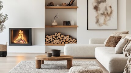 Minimalist living room, modern fireplace, stacked firewood, neutral tones, cozy atmosphere, floating shelves, contemporary interior design, soft lighting, textured walls, organic decor elements, clean