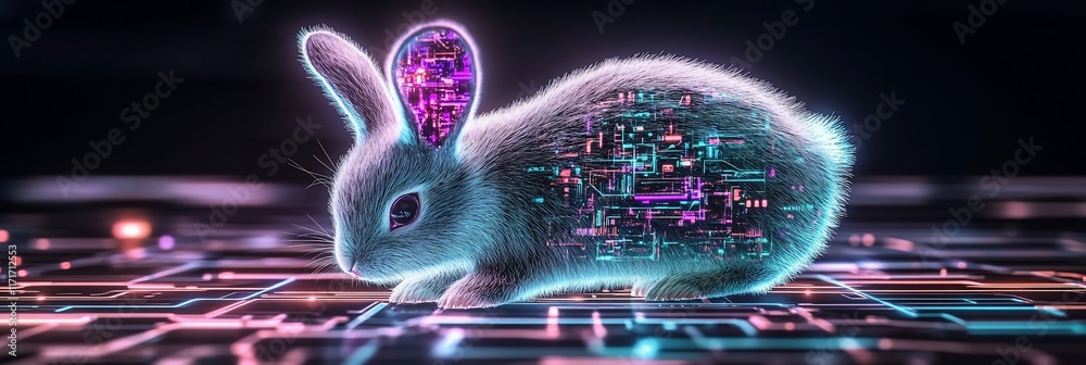 Poster futuristic rabbit with glowing digital circuitry inside, sitting on a circuit board.