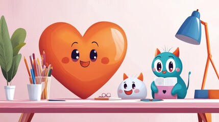 Fototapeta premium Happy heart, cute cats, desk, art supplies