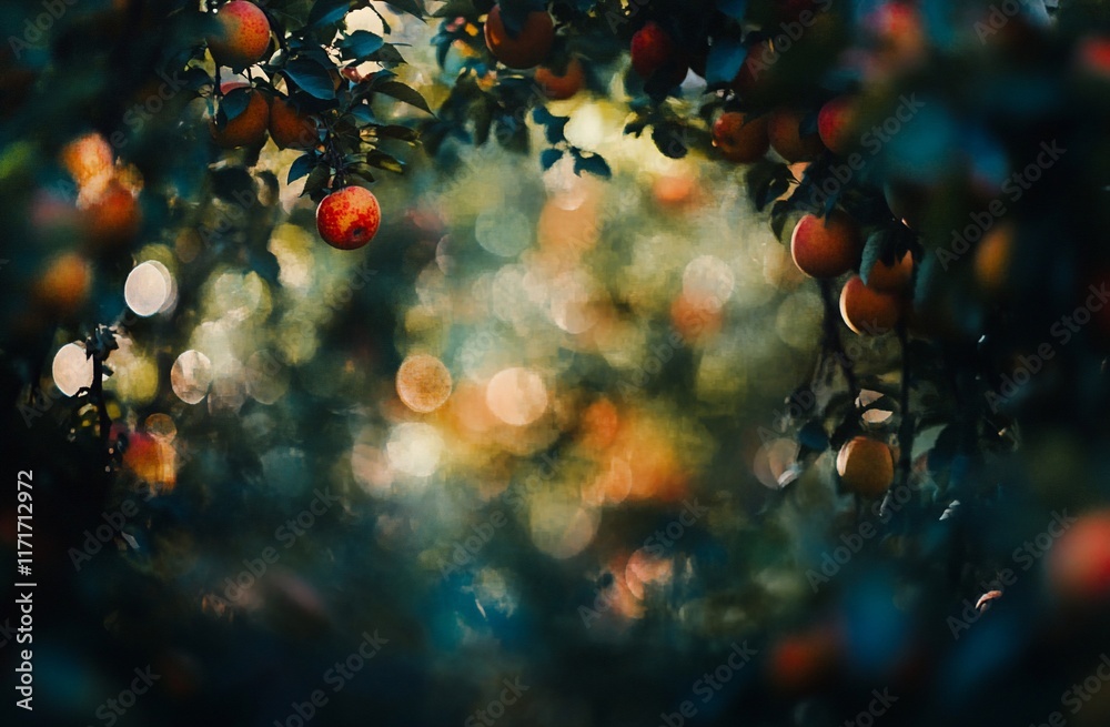 Aufkleber lush orchard with ripe red apples hanging from branches, blurred background.