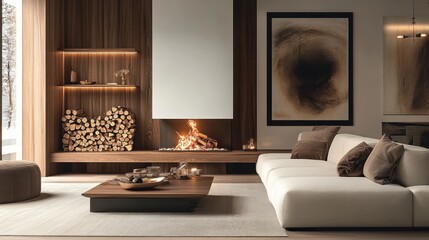 Minimalist living room, modern fireplace, stacked firewood, neutral tones, cozy atmosphere, floating shelves, contemporary interior design, soft lighting, textured walls, organic decor elements, clean