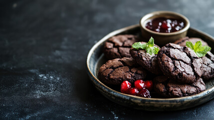 Delicious brownie cookies served with side of fruit compote, garnished with mint leaves, perfect for dessert lovers. Indulge in this sweet treat