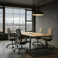 Fototapeta premium Modern office space, city skyline view, large windows, industrial pendant light, wooden conference table, white office chairs, exposed ceiling, concrete floor, minimalist design, urban workspace, natu