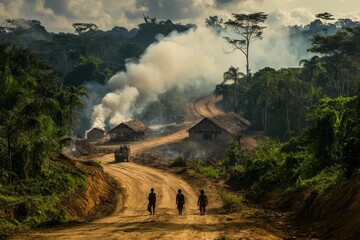 Fototapeta premium Jungle path, smoke, three figures, huts, vehicle.