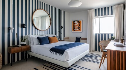 Coastal bedroom, striped walls, mid-century modern decor, ocean view