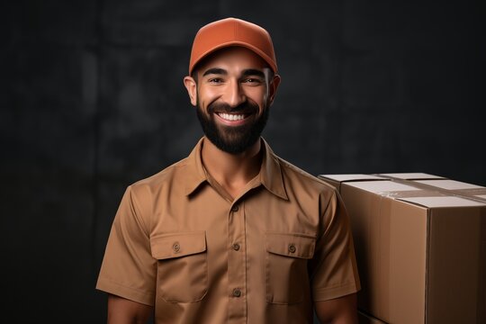 Cheerful delivery man in uniform poses with packages, showcasing friendly service in logistics industry.