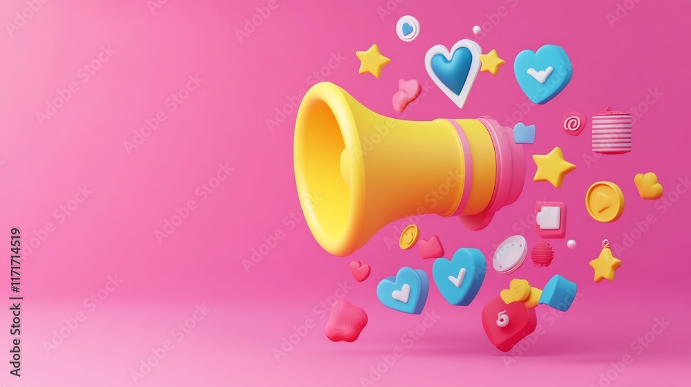 Poster 3d rendering of a yellow megaphone emitting colorful social media icons on a pink background.