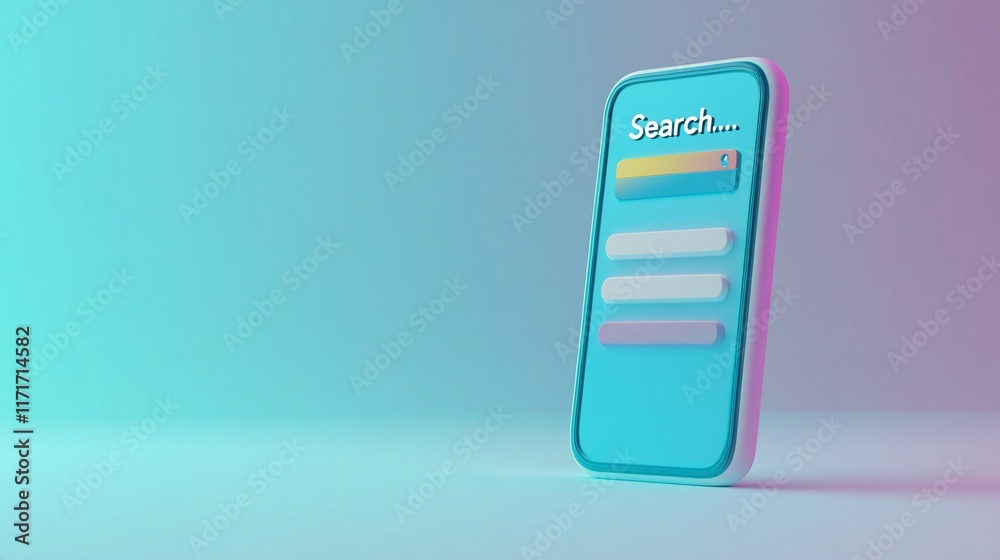 Aufkleber 3D render of a smartphone displaying a search bar and input fields on a vibrant gradient background.