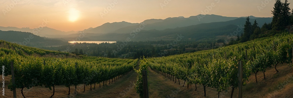 Poster sunset over vineyard rows in a valley with mountains in the background.
