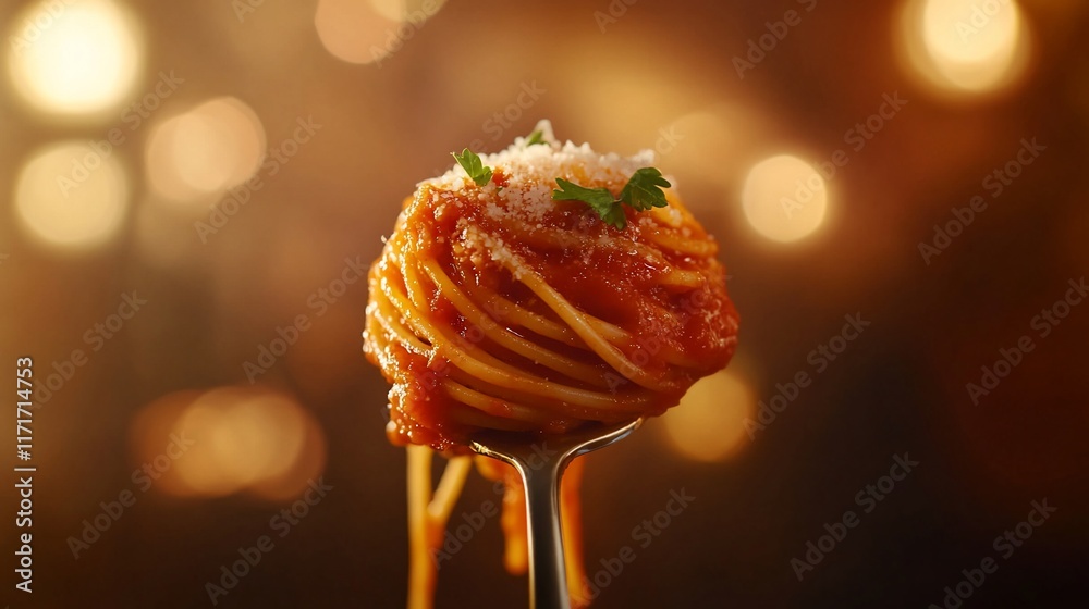 Poster close-up of delicious spaghetti with tomato sauce and parmesan cheese on a fork against a bokeh back