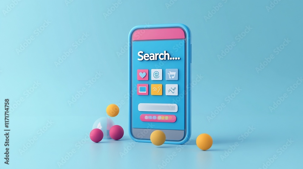 Aufkleber 3D render of a smartphone displaying a search interface with colorful icons and spheres.